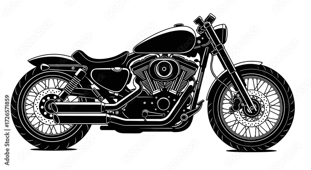 Fototapeta premium Detailed monochrome illustration of a classic motorcycle design featuring prominent mechanical