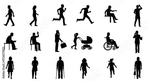 Diverse collection of people silhouettes depicting various activities and demographics