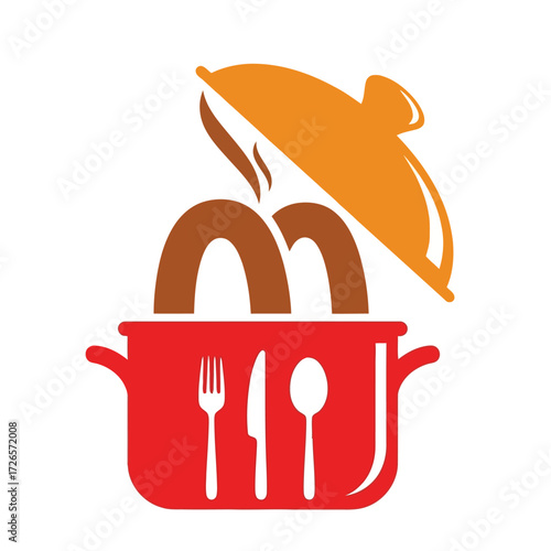 Vector illustration of vector art of cooking pot with utensils and steam logo