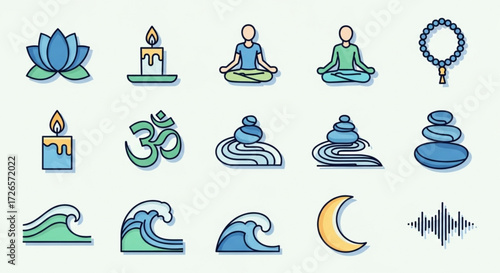 Collection of yoga and meditation themed vector icons including lotus flower, candle, and meditating figures