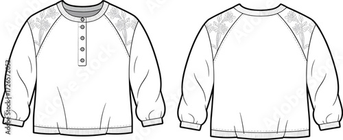 Pullover top fashion sketch, lace shoulder garment drawing, button placket sweatshirt illustration, raglan sleeve design, black and white vector art