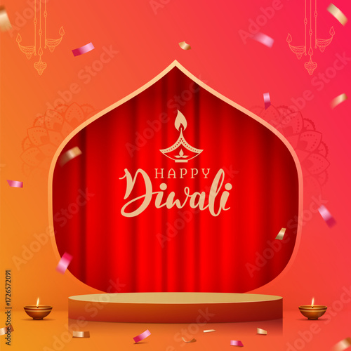 happy diwali festival product presentation podium illustration with confetti on orange background