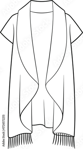 Sleeveless cardigan sketch, draped design, fringe detail, fashion illustration, asymmetrical hem, garment template, clothing vector, open front vest drawing