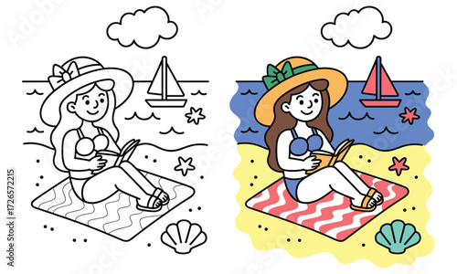 Cartoon woman in sun hat and blue bikini reading book on beach towel with sailboat and ocean summer