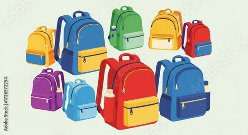 Illustration showing a collection of colorful backpacks arranged on a plain background with soft lighting