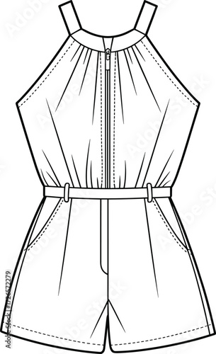 Sleeveless romper fashion sketch, halter neckline garment drawing, belted waist clothing illustration, zipper front design, black and white vector art