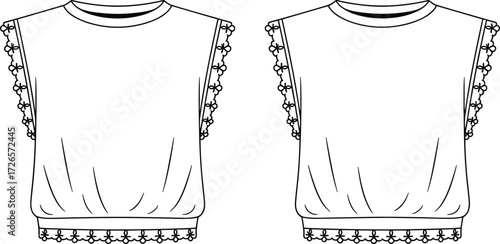 Sleeveless top sketch, gathered waist design, lace trim detail, fashion illustration, round neckline, garment template, clothing vector, stylish apparel drawing
