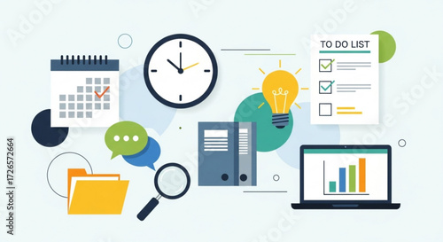 Illustration depicting business planning with calendar clock lightbulb laptop and to do list items shown