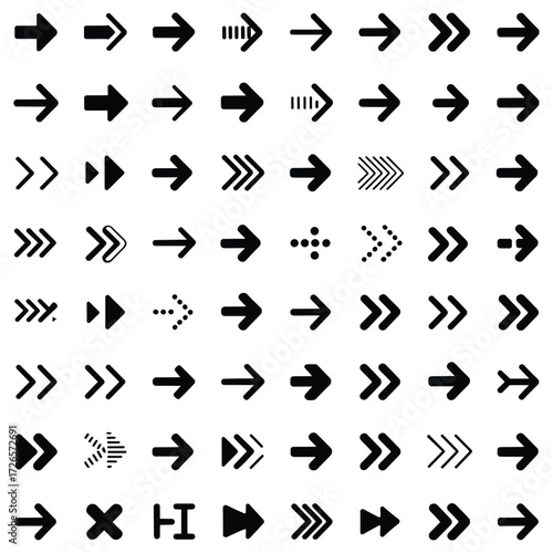 Collection of black arrow icons pointing right in various styles and shapes on a white background right arrow