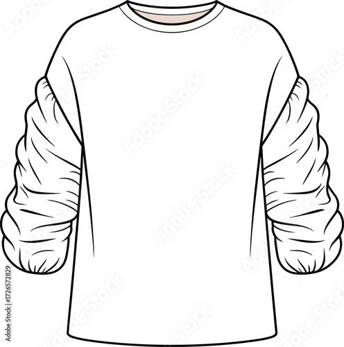 White shirt fashion sketch, ruched sleeve design, garment illustration, clothing template, textured sleeve, apparel drawing, line art, vector outline