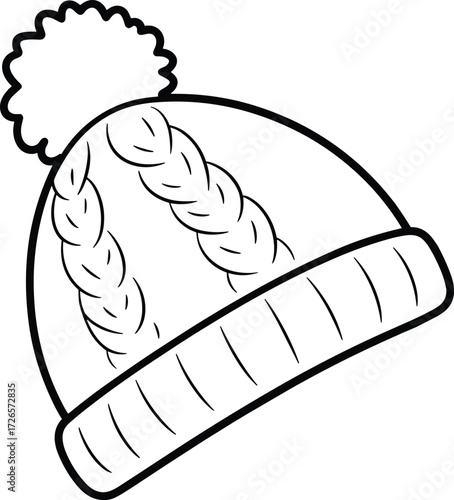 Winter beanie fashion sketch, pom pom hat drawing, cable knit headwear illustration, ribbed brim design, black and white vector art