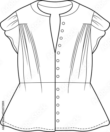 Women's blouse fashion sketch, flutter sleeves, button front, pleated bodice, peplum hem, neckline slit, cad drawing, flat vector illustration