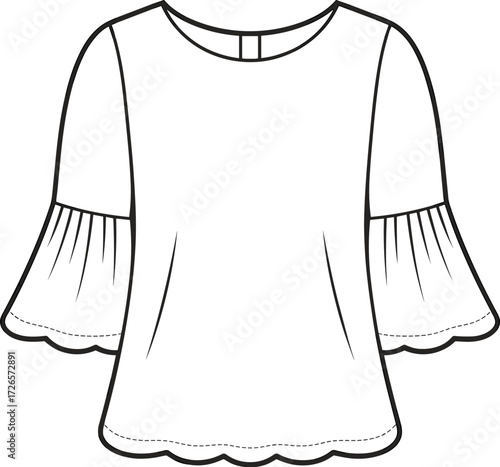 Women's blouse fashion illustration, round neckline, flared sleeves, scalloped hem, garment sketch, apparel design, technical drawing, casual wear, vector art