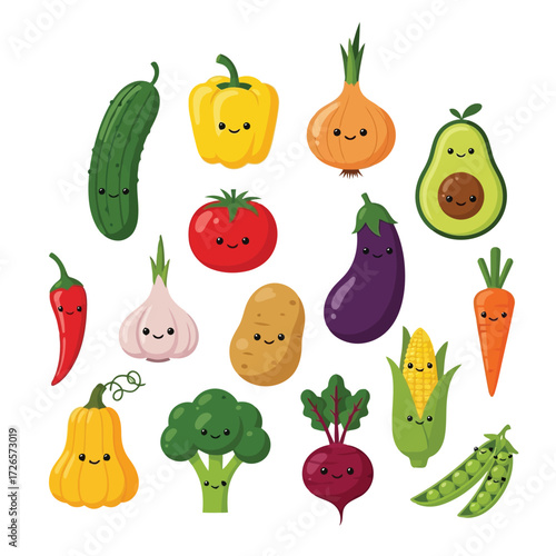 Vector illustration of vector art of collection of cute cartoon vegetables with smiling faces