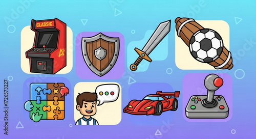 Illustration featuring arcade machine, shield, sword, soccer ball, puzzle, person, car, and joystick icons