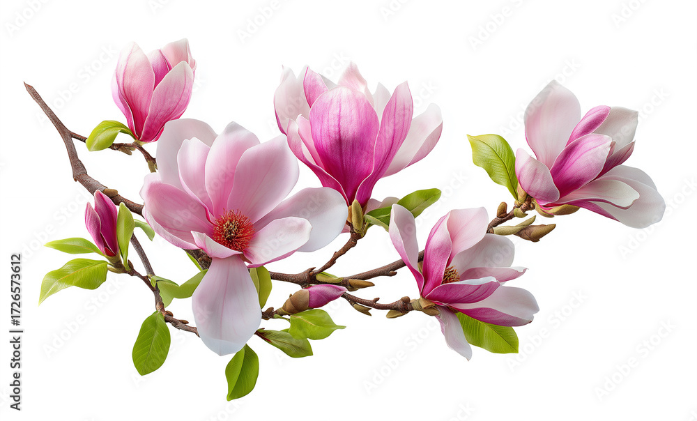 Fototapeta premium Pink and Purple Magnolia Flowers Isolated on White Background – Realistic Botanical Photography for Elegant Floral Design and Decoration