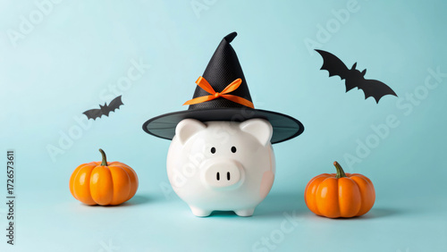 Halloween budget piggy bank with witch hat and pumpkins creating playful autumn saving mood