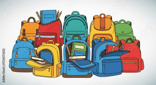 Illustration of several colorful school backpacks filled with books and pencils on a white background