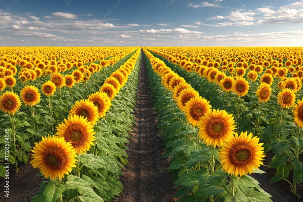 Obraz premium Expansive field of golden sunflowers stretching toward the horizon under a blue sky with fluffy clouds casting playful shadows illuminating nature's vibrant landscape