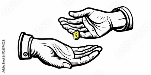 Two hands exchanging a single gold coin in a stylized illustration representing financial transactions