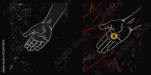 Two hands reaching out one empty and one holding a golden dollar coin on a dark abstract background