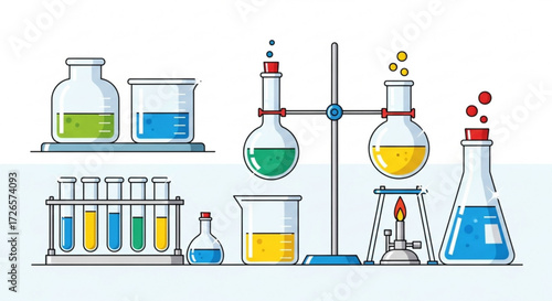 Illustration of laboratory glassware including beakers flasks test tubes and a bunsen burner setup for experiments
