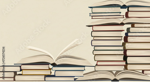Illustration showing two stacks of books with one open book on the left side and a larger pile on the right