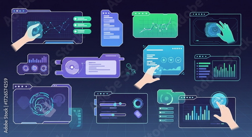 Collection of user interface elements displaying data visualizations and interactive touch controls design