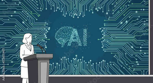 Artificial intelligence presentation with woman speaker and futuristic backdrop showing the brain
