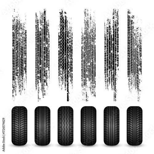 Grunge tire tracks, rubber wheels, and braking marks. Truck, car, or motorcycle tread pattern silhouettes. Perfect for auto racing, motorsport, and speed-related designs. Vector illustration