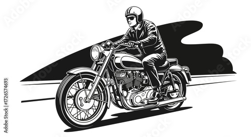 Vintage motorcycle ride with a rider wearing a helmet and sunglasses in monochrome art style