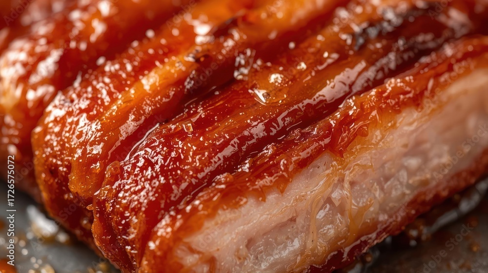 Obraz premium Close up macro shot of glazed pork ribs with visible layers of meat and fat barbecue food cooked dinner