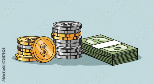 Illustration showing stacks of gold and silver coins along with a stack of paper currency bills