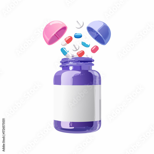 3D Open floating bottle with pills and capsules. Pharmacy drug health tablet. Medical treatment concept. Pink and purple. Cartoon creative design icon isolated. 3D Rendering