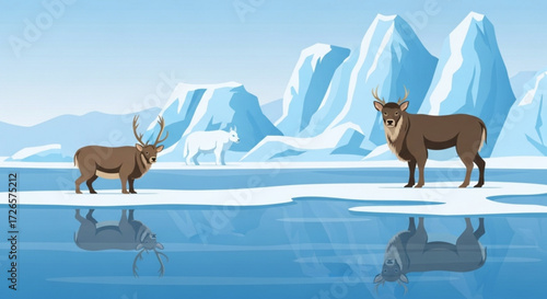 Two deers and a white wolf standing on ice with icebergs in the background reflected in the water