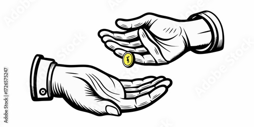 Two hands exchanging a single gold coin in a stylized illustration representing financial transactions