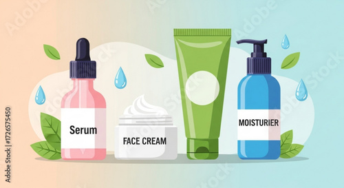 Illustration of serum face cream green tube and blue moisturizer bottle with leaves and water droplets