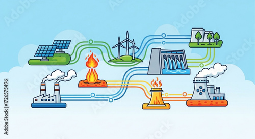 Illustration depicting various energy sources including solar wind hydro nuclear and fossil fuels connected