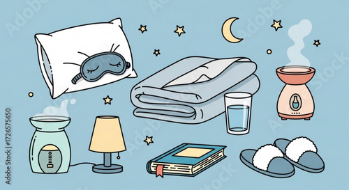 Illustration of bedtime essentials including a pillow, blanket, lamp, and aromatherapy diffuser on blue background