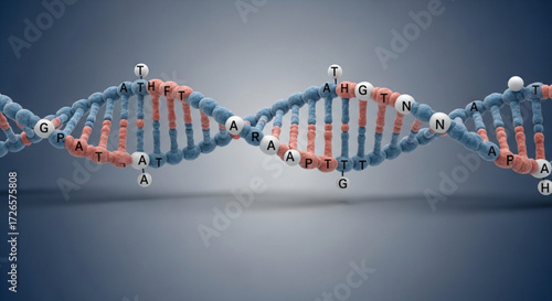 Detailed rendering of a dna double helix structure with labeled nucleotide bases on a gradient background