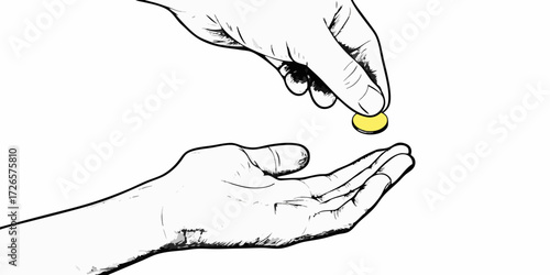 Close up of two hands one giving a gold coin to the other open palm receiving