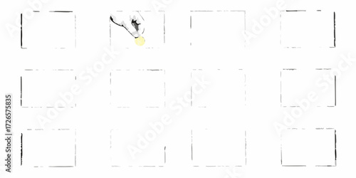 Hand dropping a single gold coin into an empty frame in a grid of empty frames
