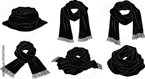 Black and white scarf vector illustration set showing different styles, fashion accessories, textile design, winter clothing, boho chic decorative wrap