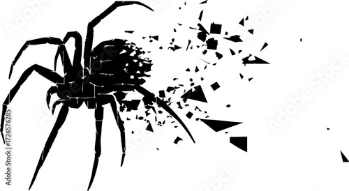 Foto Dynamic spider silhouette disintegrating into abstract geometric shards, symbolizing transformation, chaos, or digital breakdown
