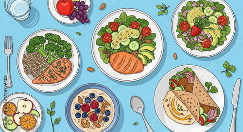Overhead view of various healthy meals including salads, wraps, oatmeal, and protein on a light blue table