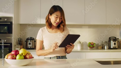 Asian Woman Using Tablet in Kitchen