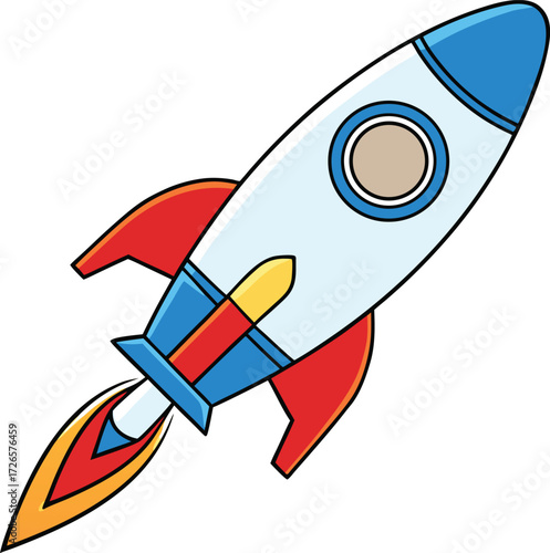 Stylized retro futuristic rocket ship with red fins and blue accents blasting off spaceship space vector illustration EPS file download
