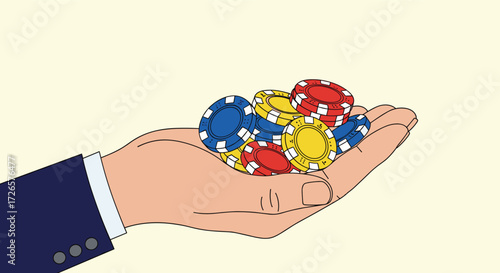 A hand holding a pile of colorful chips representing a gamble or a game.