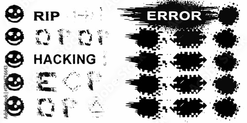 Distressed digital glitch effects with smiley faces rip hacking and error messages on white background