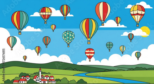 Illustration of several hot air balloons floating above a town in a scenic landscape on a sunny day